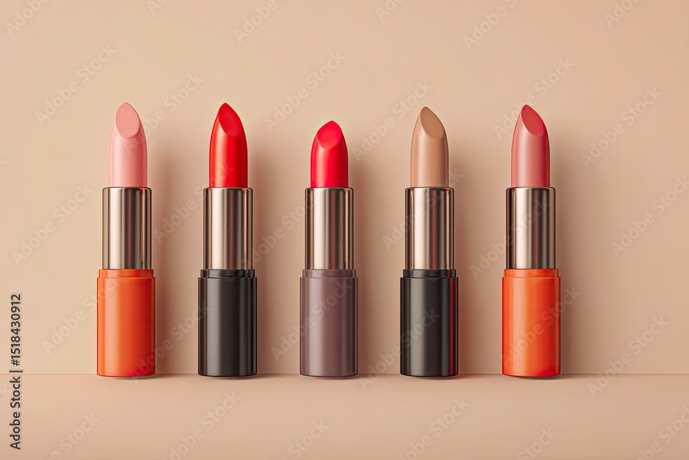 Obraz premium Five lipstick tubes stand in a row showing varying colors