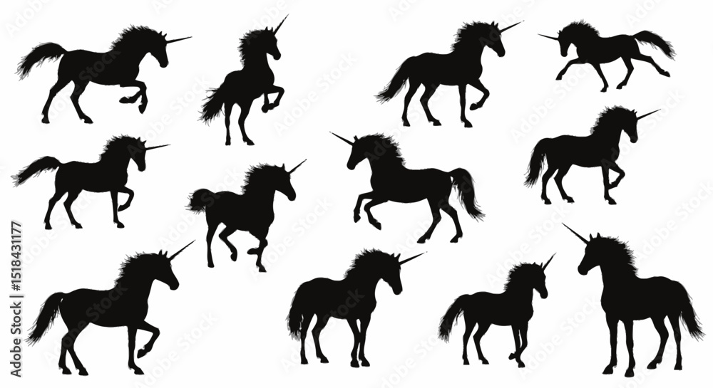Fototapeta premium Twelve Silhouettes of Majestic Unicorns in Various Poses