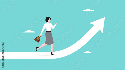 business growth strategy, ambition to success or career development, training to improve employee performance, businesswoman employees running on career path arrow in rising up direction illustration