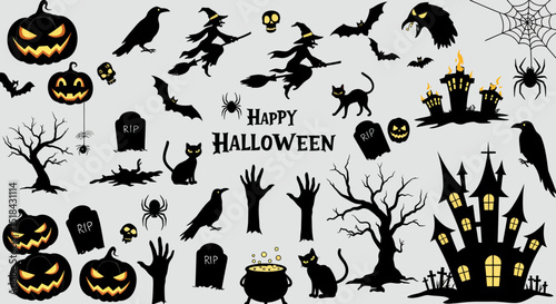 Spooky Halloween Silhouettes Featuring Pumpkins Bats and Castles
