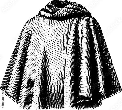 Engraved illustration of poncho garment. Bold black lines with detailed hatching and vintage textile design.