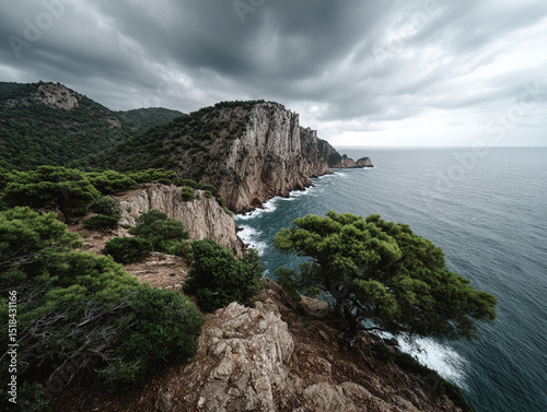 Wild cliffs and rugged terrain with stormy sky, untamed nature