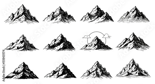 Twelve HandDrawn Mountain Illustrations with Varying Peaks and Textures