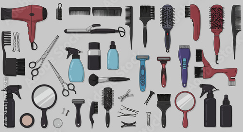 Assortment of Hairdressing Tools and Accessories Illustrated and Arranged