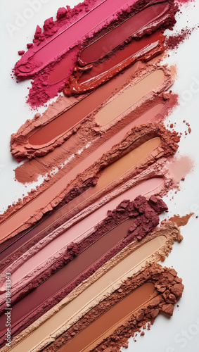 Assorted makeup powders and pigments smeared in colorful streaks on white background