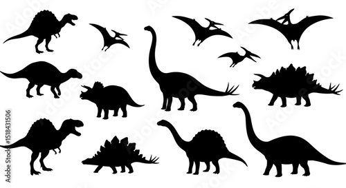Collection of Black Silhouettes of Various Dinosaurs and Pterosaurs