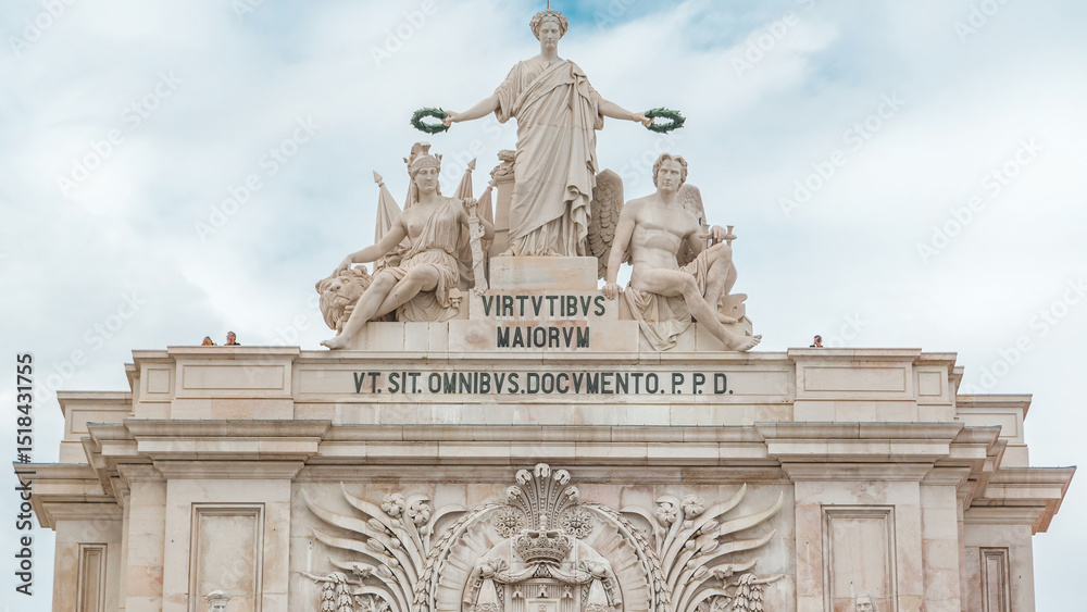 Fototapeta premium Top of Triumphal arch at Rua Augusta at Commerce square timelapse in Lisbon, Portugal.
