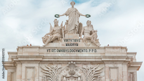 Top of Triumphal arch at Rua Augusta at Commerce square timelapse in Lisbon, Portugal.