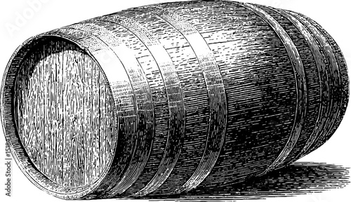 Engraved illustration of a rum barrel for vintage design projects