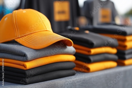 Colorful caps and neatly folded shirts displayed at outdoor market event