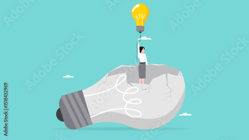 changing business strategies or ideas, move on to new business opportunities for career success, businesswoman flying leaving broken light bulb using new light bulb idea concept vector illustration