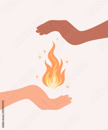 Two hands of different skin tones caring for a flame between them, flat vector illustration