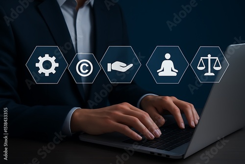 Legal Concepts and Mindfulness Practices for Professionals at a Desk with a Laptop in a Modern Office Environment