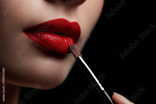 Lips with red lipstick being applied using a makeup brush set against a dark background