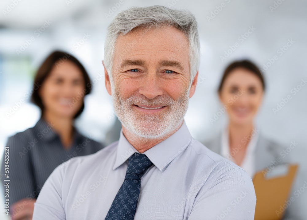 Mature businessman smiles in front of his team. Leadership, corporate, teamwork, confidence, success, positive outlook, office. Mature businessman smiles in front of his team. Leadership, corporate, teamwork, confidence, success, positive outlook, office.