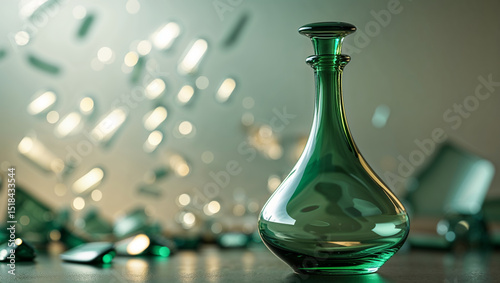 Elegant green glass carafe standing amidst shattered glass shards, a tale of resilience