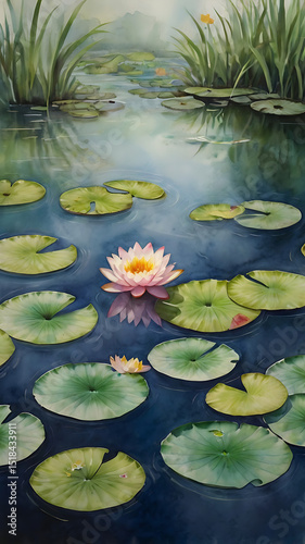 Peaceful lotus pond with koi fish and lily pads, painted in traditional Chinese watercolor on rice paper

