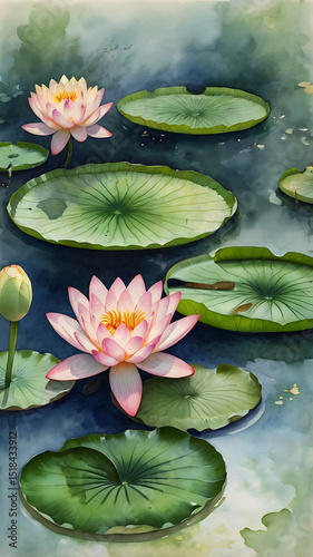 Peaceful lotus pond with koi fish and lily pads, painted in traditional Chinese watercolor on rice paper

