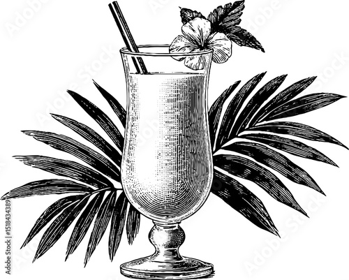 Engraved illustration of tropical cocktail glass with palm and hibiscus. Detailed exotic beverage artwork with citrus garnish.
