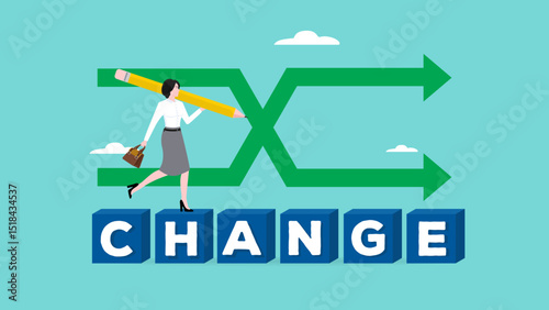 change business management, professional or expertise to manage company transformation or implement new process , businesswoman walking on a change box with a change arrow symbol in the background