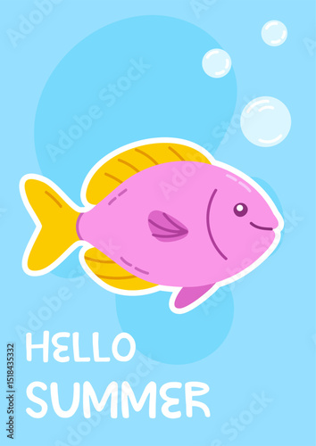 Hello Summer card with a purple fish and yellow fins blowing bubbles on a light blue background, ideal for seasonal children’s designs