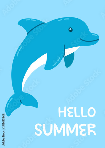 Blue dolphin jumping on a light background with playful summer text, perfect for ocean-themed greeting cards and kids’ products