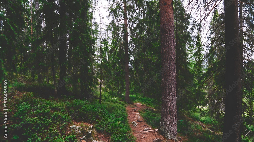 Obraz premium Forest path in lush green woodland