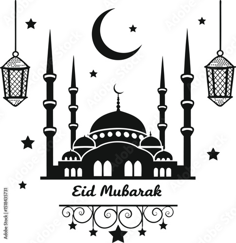 Minimalist Black and White Eid Mubarak Design Featuring Mosque Silhouette with Crescent Moon and Hanging Lanterns