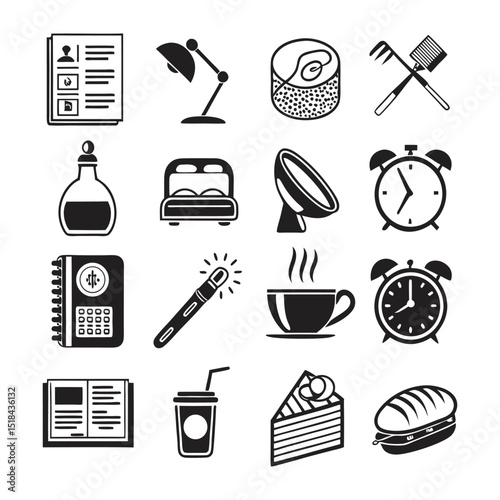 Daily Routine Icons A Collection of Simple Black and White Illustrations for Time Management, Work, and Leisure Activities