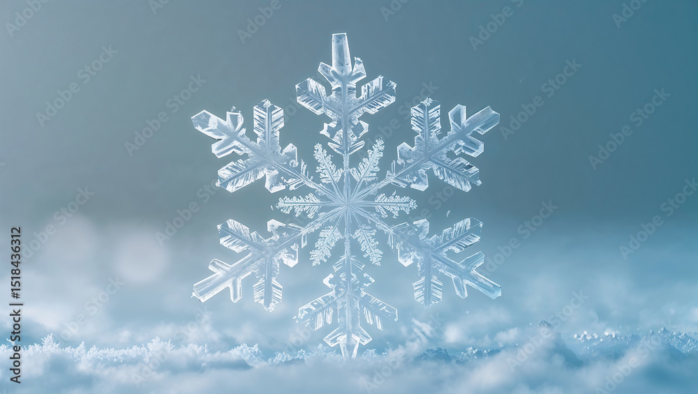 Intricate snowflake resting on soft snowy surface Intricate snowflake resting on soft snowy surface