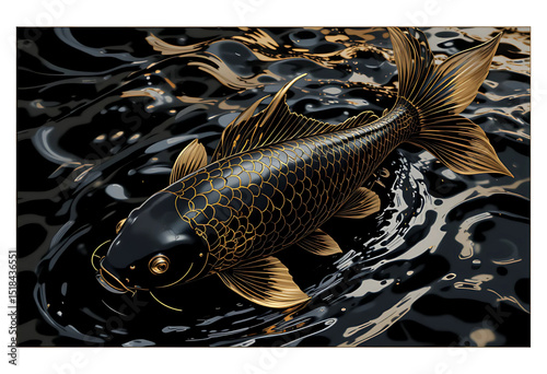 Vector of a black koi fish with golden outlines swimming in dark rippling water.
