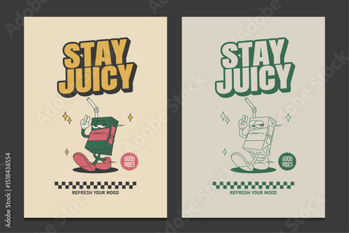 retro poster featuring a juice box mascot with motivational text and playful style, vector illustration
