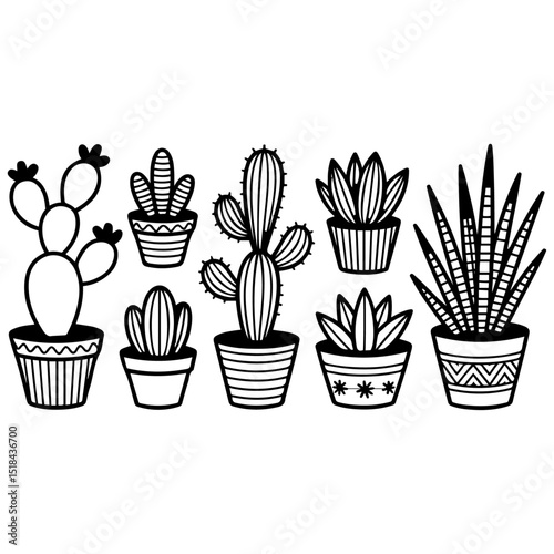 Black silhouettes of cactuses, agave, joshua tree, and prickly pear. Vector illustration
