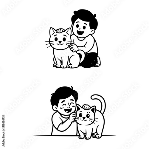 Boy with angry expression reaching towards a gray cat in flat vector art