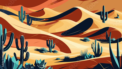 Desert landscape with cacti and rolling sand dunes in warm orange and blue tones