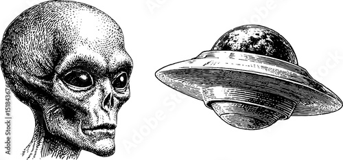 Engraved alien head and ufo illustration set for sci-fi and fantasy design
