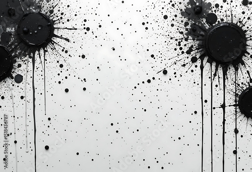 Grunge-style black splatter with scattered ink drops on a white background.
