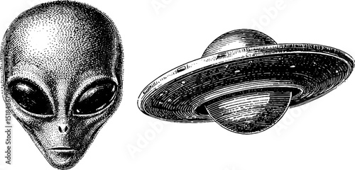 Vintage sci-fi concepts: engraved alien head and ufo for creative designs