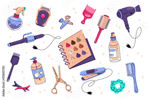 Set of hairdresser accessory. Vector tool icons for hair trim and cut, cosmetic haircare. Cartoon stylist item. Spray and trimmer, brush and comb, roller and straightener, color dye, shampoo. Grooming