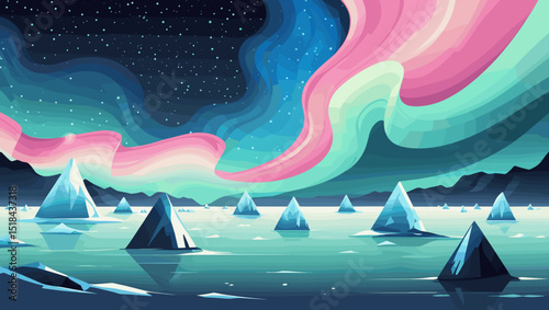 Vibrant aurora above icy landscape with geometric ice formations under a starry sky