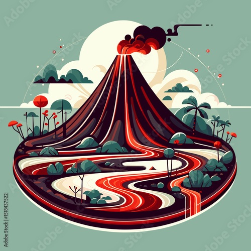 Volcano erupting with lava flowing through the landscape surrounded by greenery and hills