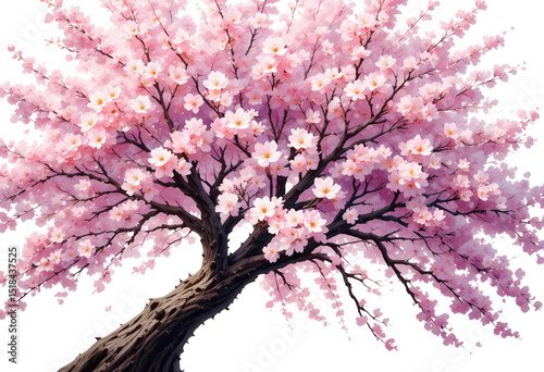 Impressionist oil painting style cherry blossom tree in spring, isolated with no background.
