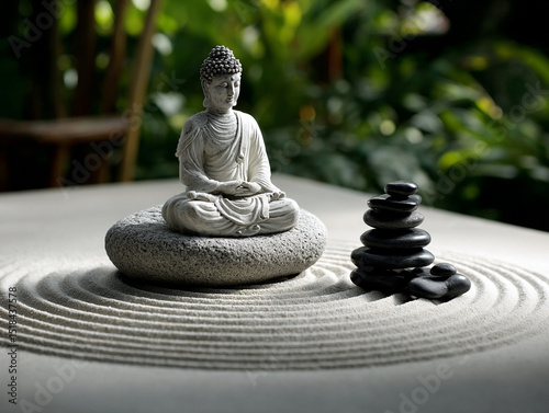 Zen garden with stones and Buddha statue, harmony and balance photo