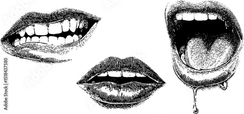 Engraved illustration set featuring angry expressions and pouting faces