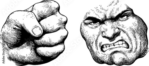 Engraved illustration of angry expressions featuring fist and furious face