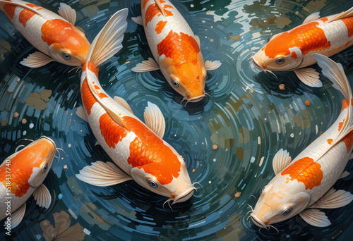 Oil paint style koi fish swimming in a pond with water ripples, bright orange and white palette
