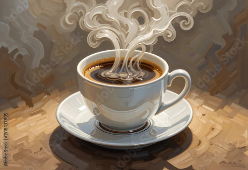 Vectorized oil painting of a cup of coffee with swirling steam and soft creamy highlights.

