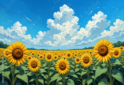 Oil paint style sunflower field under a blue sky with expressive clouds, PNG vector.
