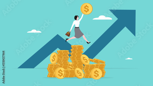 rich businesswoman jump high on money coin stack with business growth graph, stock market return, successful investment concept, money or financial success