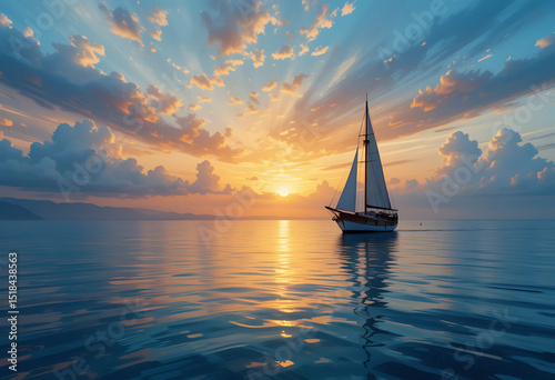 PNG of a sailboat on a calm sea, rendered in oil paint with a dreamy sunset sky.
